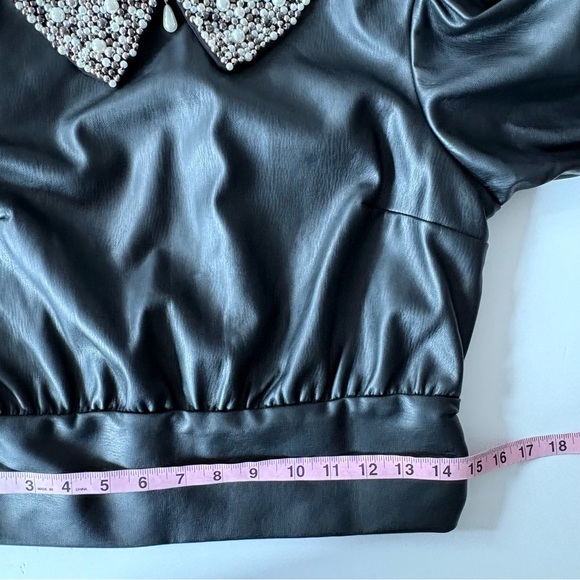 Anthropologie || Faux Leather Puff-Sleeve Blouse Pearls Black Small NWT - Picture 6 of 9